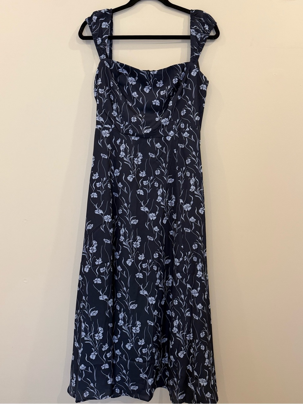 Navy Floral Cap Sleeve Dress with Sweetheart Neckline